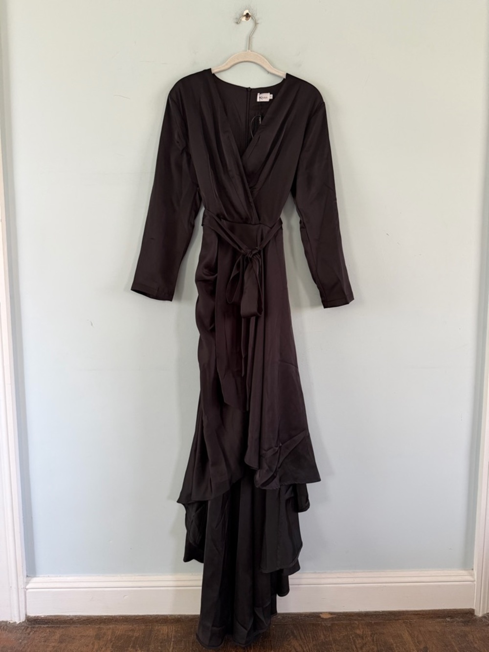 NWT Mooyius Ruffle Draped Satin Black High Low Formal Maxi Dress - Picture 3 of 6